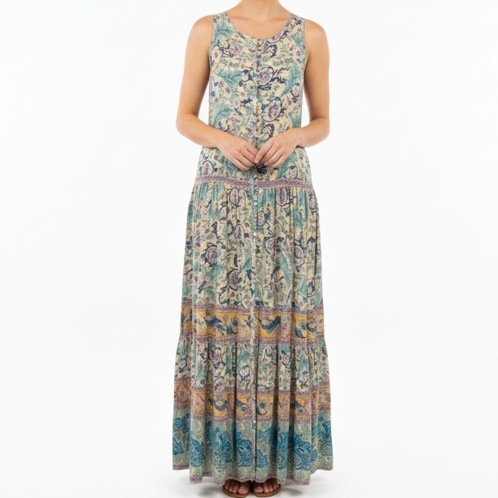 R. Vivimos Maxi Dress Bohemian Tiered Slit Sleeveless Button Front Cottage Goth